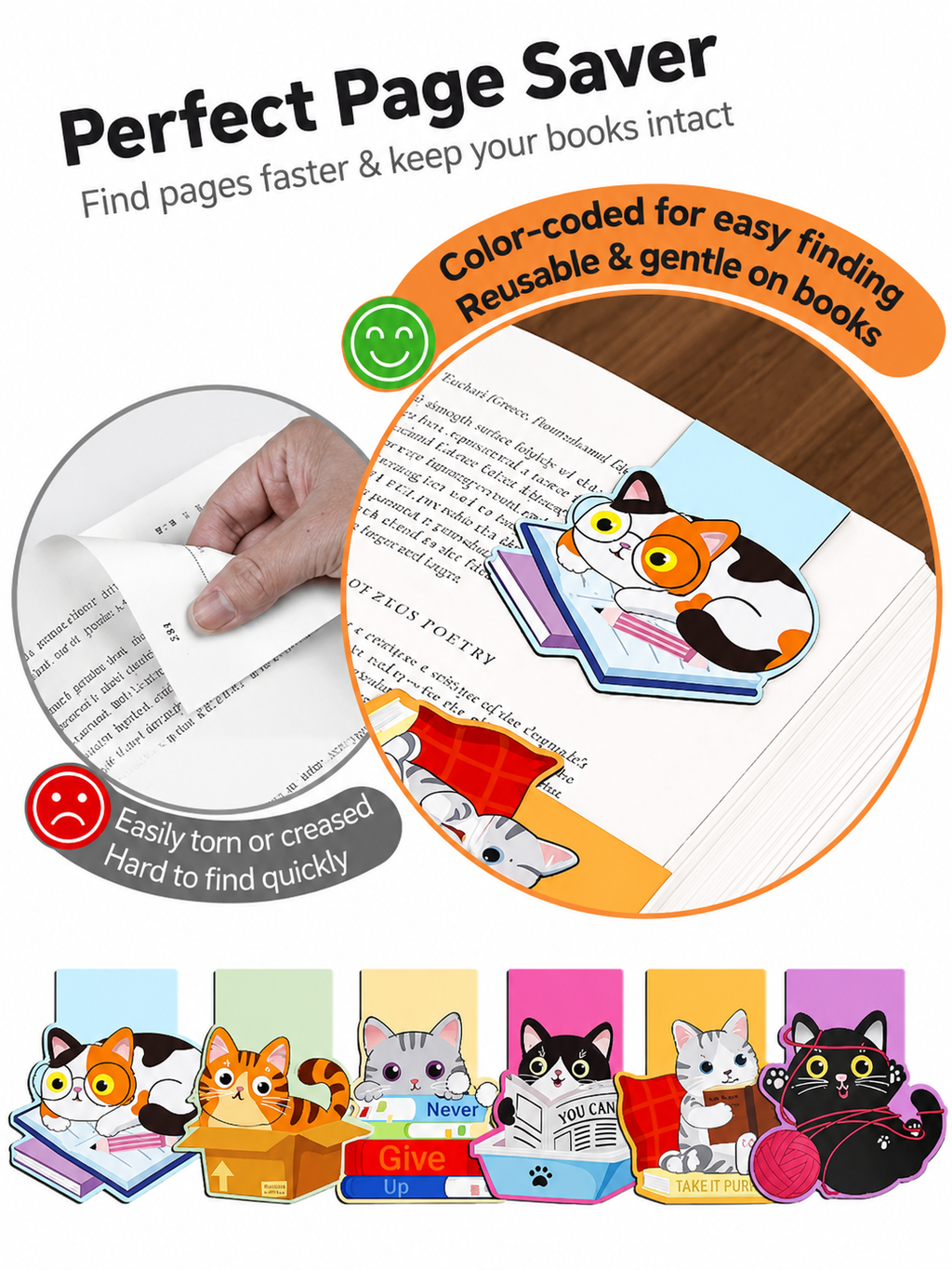 6 Pack Magnetic Cat Bookmarks